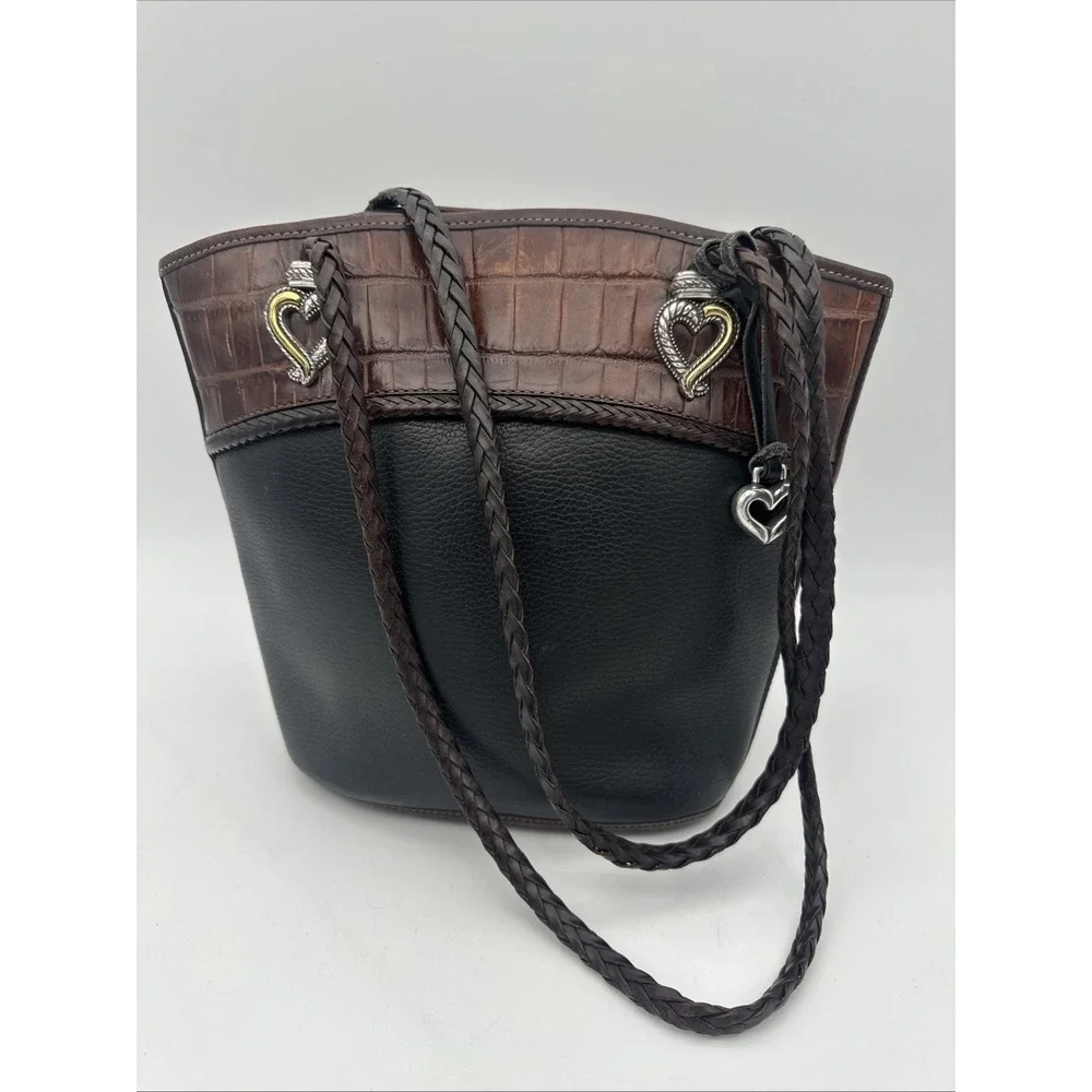 Brighton Courtney Black Pebbled Leather Croc Embossed‎ Tote Handbag EUC